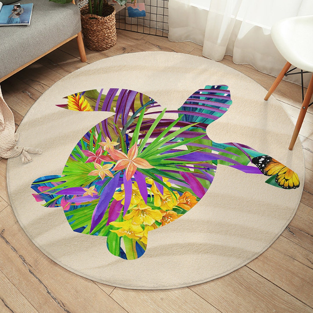 Round Turtle Rug Tropical Sea Turtle Round Area Rug, Coastal Floor Mat, Ocean Beach ...