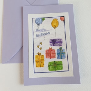 Happy Birthday, Geburtstagskarte, Grußkarte zum Geburtstag, Geburtstagsgeschenke, Luftballons, Handgemalt in Aquarell