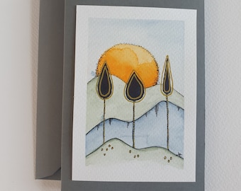 Grußkarte Sonne - Handgemalt, Aquarell, Doppelkarte mit Umschlag