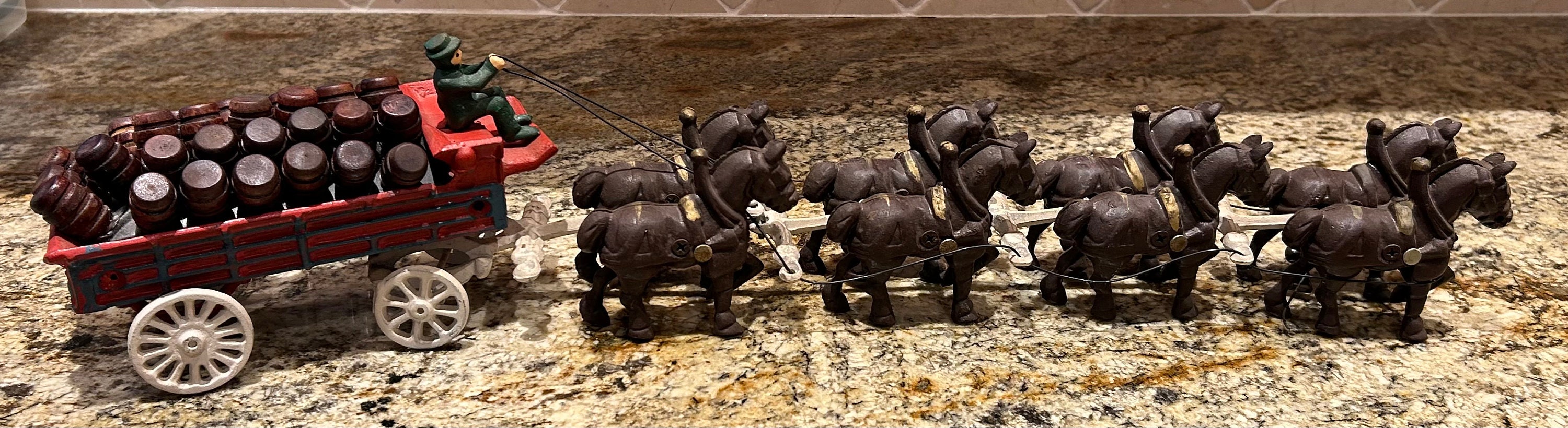 Cast Iron 8 Clydesdale Horses, Wagon, Driver and 28 Wooden Beer Barrels