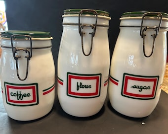 VTG MCM Wheaton Cucina Milk Glass Canister Set White Red Green 3 pc Farmhouse