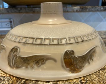Vintage Glass Art Deco 15.5”Cream Colored Torchiere Lamp Shade With Wave Or Feather Pattern.