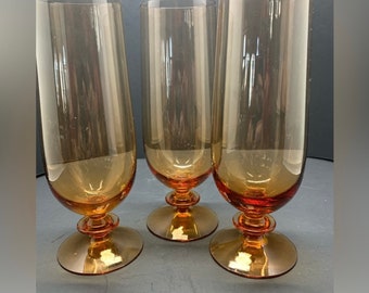Vintage Sweden Skruf Amber WATER Crystal Glass Goblets 8”LOT OF 3 Rare