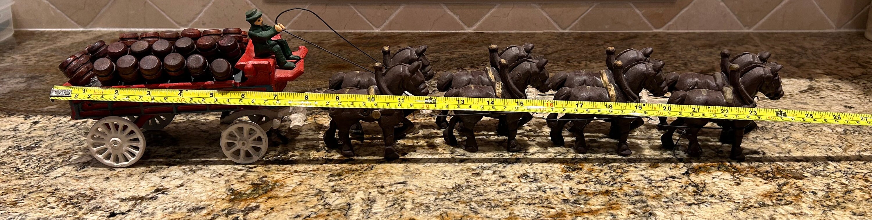 Cast Iron 8 Clydesdale Horses, Wagon, Driver and 28 Wooden Beer Barrels