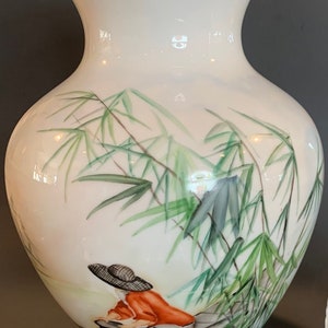 Vintage Large 10” Ginger Jar Vase Hand Painted Asian Fisherman Among Bamboo plants.