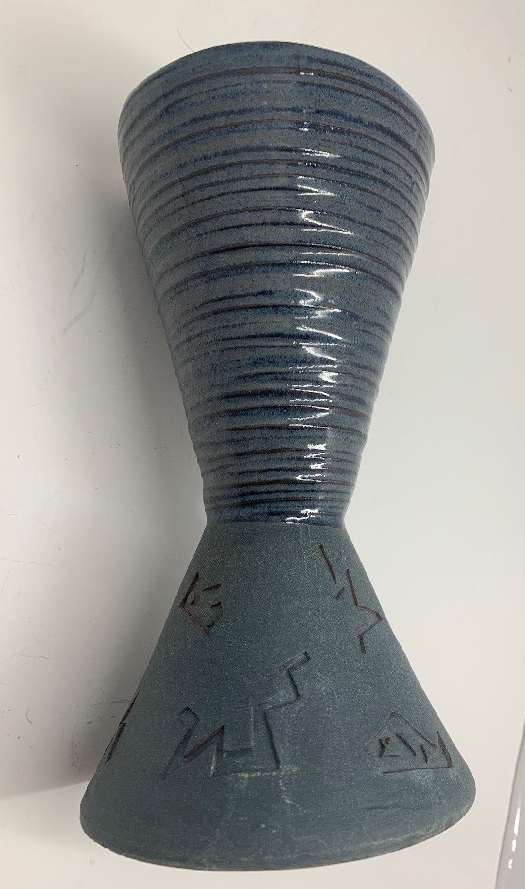 Studio Art Pottery Stoneware Vase Glazed Swirls and Symbols 8.5. Signed