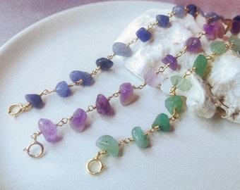 Natural Chip Stone Bracelet, Aquamarine/Amethyst/Lapis-Lazuli/Sodalite/Aventurine Bracelet, Gold Filled 14K Bracelet