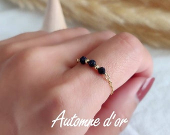 Gold chain ring, semi-precious stone ring, Gold chain ring filled 14K, women's fine black stone ring, Christmas gifts