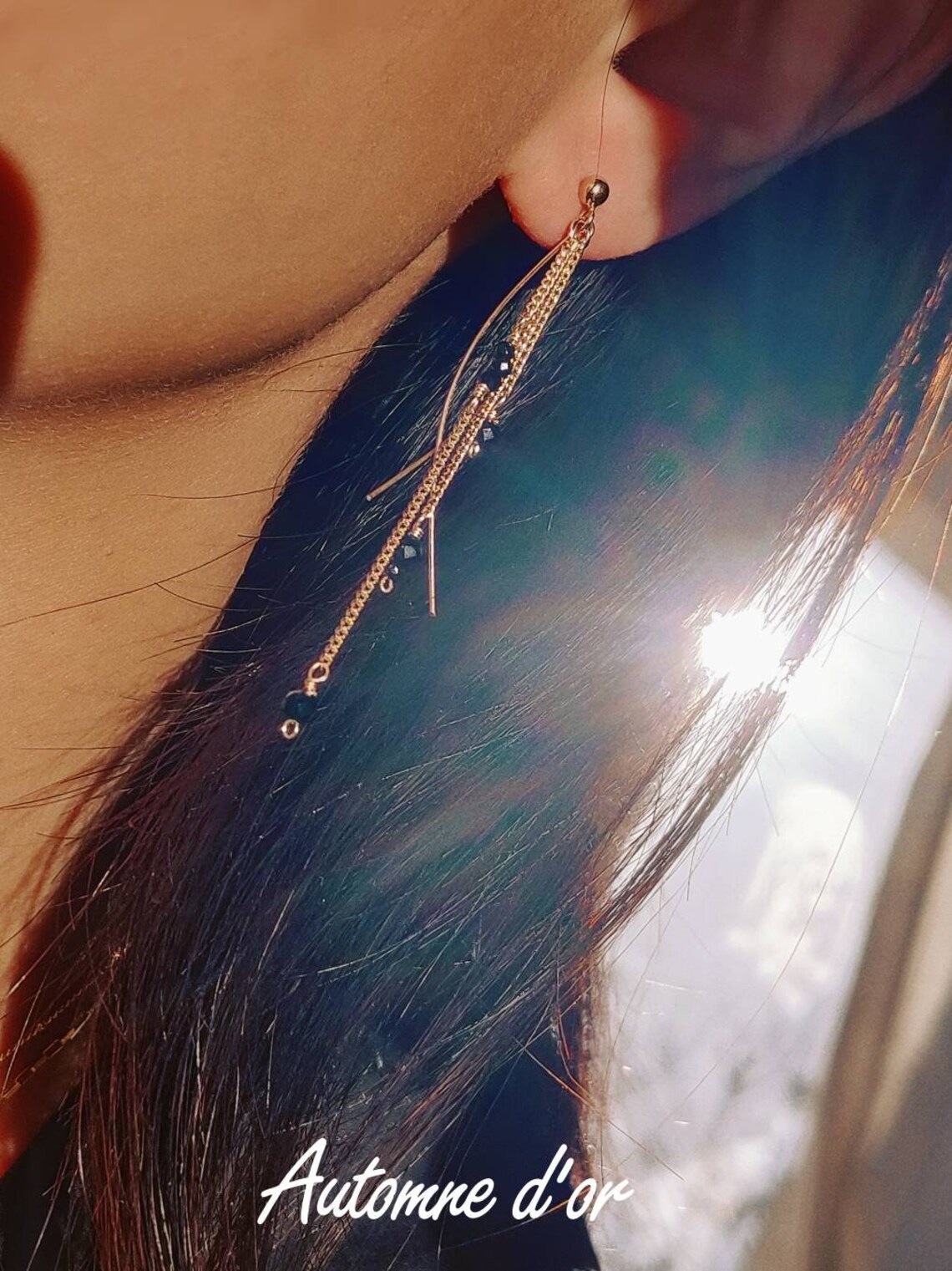 Boucles D'oreilles Longues Chaîne Argent 925 & Perle Noire 8mm - Pendantes, Clous - Neuves Avec étiquettes