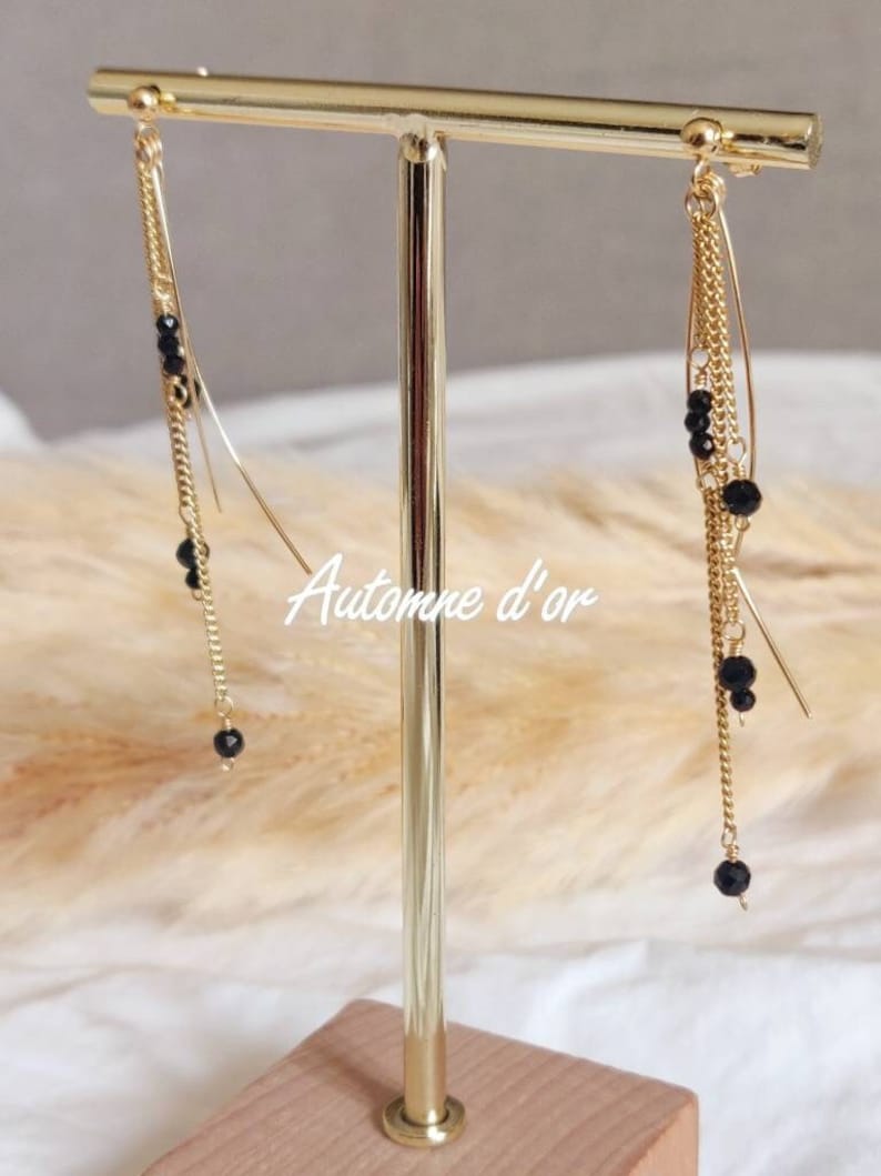 Boucles D'oreilles Pendantes Chaîne Et Plume Noire – Dormeuses Acier Inoxydable – Neuf Avec étiquettes