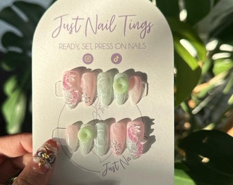 Pink Koi Press On Nails| Lunar New Years Nails| CNY Nails| Jade| Handpainted | Red Pockets Acrylics| Rose Quartz Pink Stone”