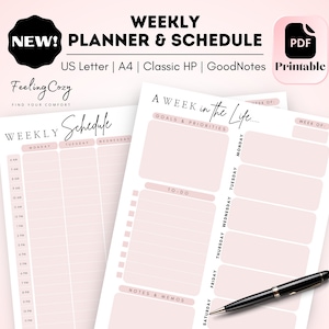 May include: Printable weekly planner and schedule template in PDF format. The template features a pink and white colour scheme with sections for goals, to-do lists, and notes. The text "A Week in the Life..." is at the top of the page.