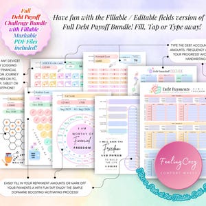 Full Debt Payoff Challenge Bundle with fillable and markable PDF files, showing typable debt account fields, payment logs, and tap-to-complete progress tracking on digital devices.