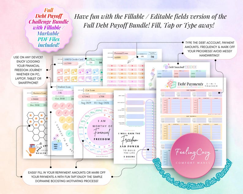Full Debt Payoff Challenge Bundle with fillable and markable PDF files, showing typable debt account fields, payment logs, and tap-to-complete progress tracking on digital devices.