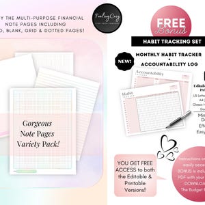 May include: A digital variety pack of printable note pages including lined, blank, grid, and dotted layouts, alongside a habit tracking set with an accountability log. The set features soft pink accents, text labels, and a pen icon on a white background.