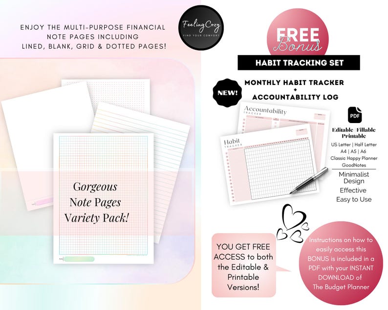 May include: A digital variety pack of printable note pages including lined, blank, grid, and dotted layouts, alongside a habit tracking set with an accountability log. The set features soft pink accents, text labels, and a pen icon on a white background.