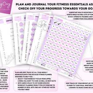 May include: A set of printable fitness trackers and journals with a purple and white color scheme. The trackers include a 4 week cardio challenge, a 30 day posture correction challenge, a 30 day strength training challenge, a weekly fitness tracker, and a weight count down tracker. The text on the trackers reads "Plan and journal your fitness essentials as you check off your progress towards your goal!" and "Jumpstart health boosting fitness habits while having lots of fun with the 30 day strength training and posture correction challenges!"