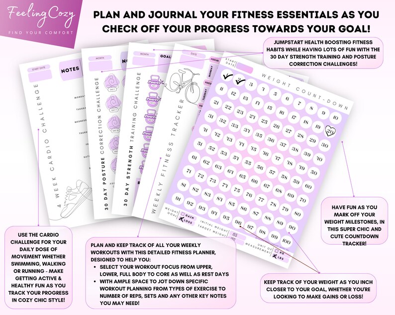 May include: A set of printable fitness trackers and journals with a purple and white color scheme. The trackers include a 4 week cardio challenge, a 30 day posture correction challenge, a 30 day strength training challenge, a weekly fitness tracker, and a weight count down tracker. The text on the trackers reads "Plan and journal your fitness essentials as you check off your progress towards your goal!" and "Jumpstart health boosting fitness habits while having lots of fun with the 30 day strength training and posture correction challenges!"