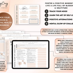 Puede incluir: Una hoja de trabajo imprimible con un esquema de color rosa y marr&oacute;n. La hoja de trabajo se titula "The Glow Up Index" e incluye una lista de verificaci&oacute;n para la salud mental y el amor propio. La hoja de trabajo incluye una secci&oacute;n para hacer un seguimiento del estado de &aacute;nimo, las afirmaciones y un desaf&iacute;o de crecimiento mental.