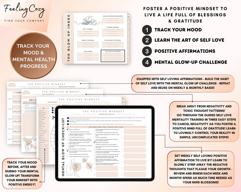 Puede incluir: Una hoja de trabajo imprimible con un esquema de color rosa y marr&oacute;n. La hoja de trabajo se titula "The Glow Up Index" e incluye una lista de verificaci&oacute;n para la salud mental y el amor propio. La hoja de trabajo incluye una secci&oacute;n para hacer un seguimiento del estado de &aacute;nimo, las afirmaciones y un desaf&iacute;o de crecimiento mental.