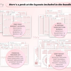paycheck budget layout, biweekly budget template, monthly budget printable, bill tracker, expense tracker, sinking fund log, cash envelope log, budget breakdown, budget review printable, debt payoff tracker