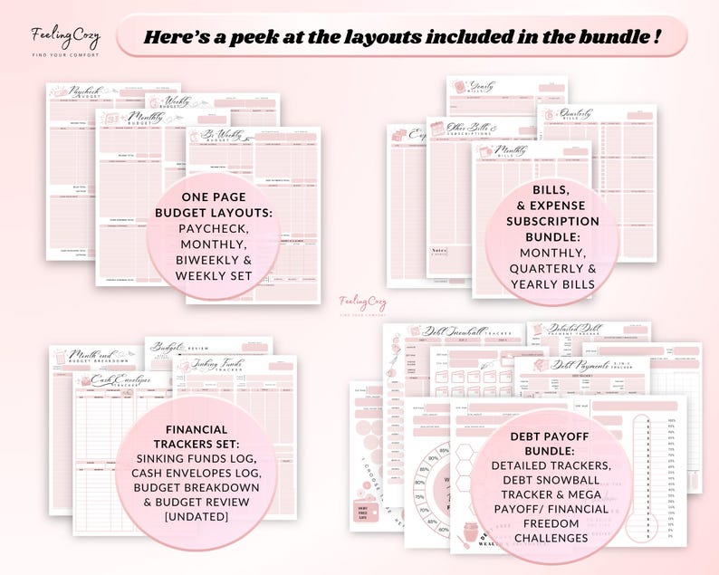 paycheck budget layout, biweekly budget template, monthly budget printable, bill tracker, expense tracker, sinking fund log, cash envelope log, budget breakdown, budget review printable, debt payoff tracker