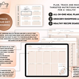 Puede incluir: Un planificador imprimible rosa y blanco con el texto "Feeling Cozy" y "Track Your Diet Progress". El planificador incluye secciones para la planificaci&oacute;n de comidas, la compra de comestibles y los diarios de recetas. El planificador tambi&eacute;n incluye una secci&oacute;n para el seguimiento de la ingesta de alimentos y una secci&oacute;n para el seguimiento del presupuesto frente a los gastos reales.