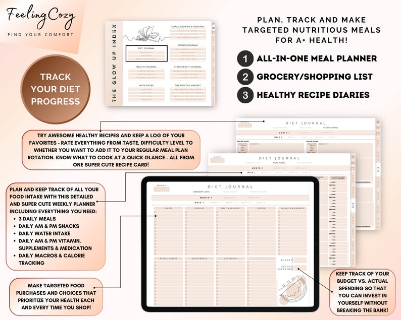 Puede incluir: Un planificador imprimible rosa y blanco con el texto "Feeling Cozy" y "Track Your Diet Progress". El planificador incluye secciones para la planificaci&oacute;n de comidas, la compra de comestibles y los diarios de recetas. El planificador tambi&eacute;n incluye una secci&oacute;n para el seguimiento de la ingesta de alimentos y una secci&oacute;n para el seguimiento del presupuesto frente a los gastos reales.