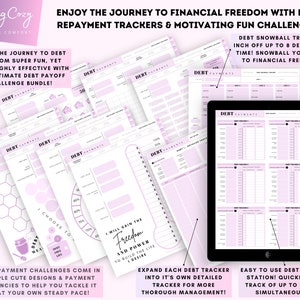 May include: A collection of printable debt repayment trackers and challenges in a pink and white color scheme. The trackers feature different designs, including a honeycomb, a circle, and a thermometer. The text on the page reads "Enjoy the journey to financial freedom with debt repayment trackers & motivating fun challenges!" and "Make the journey to debt freedom super fun, yet thoroughly effective with the ultimate debt payoff challenge bundle!"