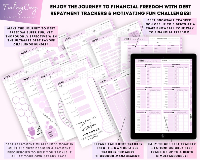 May include: A collection of printable debt repayment trackers and challenges in a pink and white color scheme. The trackers feature different designs, including a honeycomb, a circle, and a thermometer. The text on the page reads "Enjoy the journey to financial freedom with debt repayment trackers & motivating fun challenges!" and "Make the journey to debt freedom super fun, yet thoroughly effective with the ultimate debt payoff challenge bundle!"