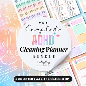 May include: The Complete ADHD Cleaning Planner Bundle, featuring colorful printable pages for organizing cleaning tasks. Includes US Letter, A4, A5, and Classic HP sizes. The design incorporates pastel colors and cleaning-themed illustrations.