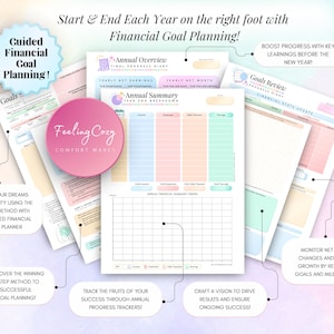 4-step guided financial goal planner pages featuring annual overview logs, net worth review sheets, annual summary breakdown graphs, and year-end goals review trackers.