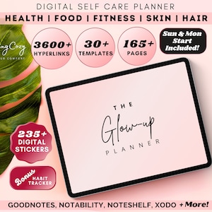 May include: A digital planner with a pink background and the text "The Glow-up Planner" in black. The planner includes 3600+ hyperlinks, 30+ templates, 165+ pages, 235+ digital stickers, and a bonus habit tracker. It is compatible with Goodnotes, Notability, Noteshelf, Xodo, and more.