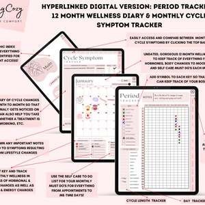 May include: Digital period tracker and 12-month wellness diary. The pink and white design includes a cycle symptom tracker, a calendar, and a notes section. The text includes "Feeling Cozy" and "Find Your Comfort".