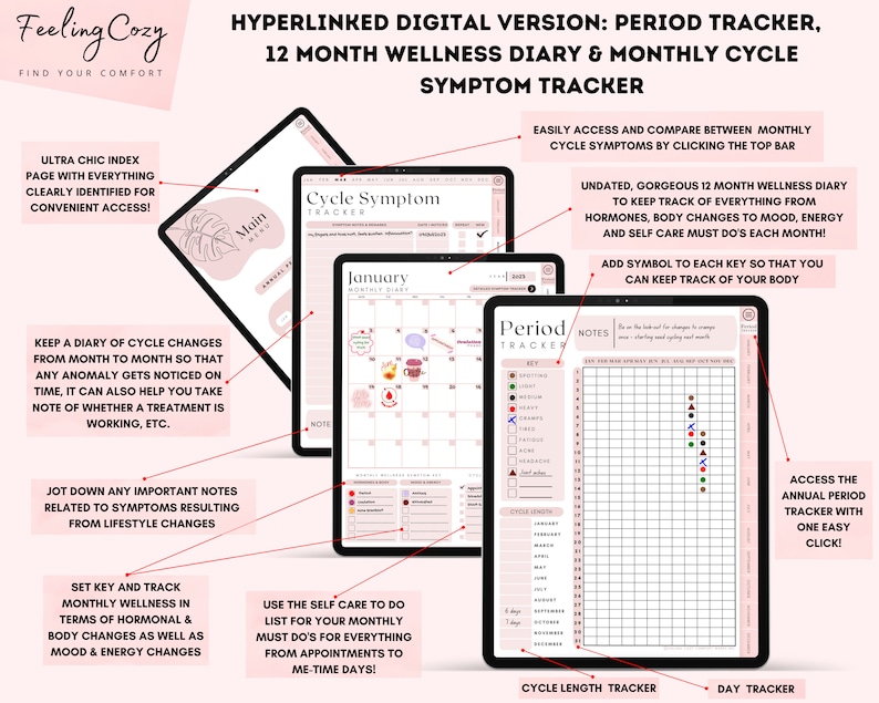 May include: Digital period tracker and 12-month wellness diary. The pink and white design includes a cycle symptom tracker, a calendar, and a notes section. The text includes "Feeling Cozy" and "Find Your Comfort".