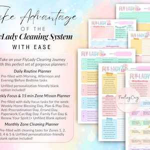 Comprehensive household management binder featuring morning and evening routines, a weekly focus planner with daily missions, and a 5-zone deep cleaning system; vibrant color-coded printable pages with pre-filled and blank customization-friendly options for ADHD productivity.