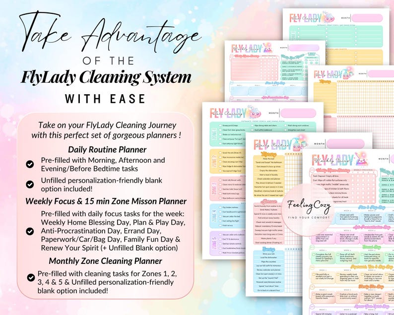 Comprehensive household management binder featuring morning and evening routines, a weekly focus planner with daily missions, and a 5-zone deep cleaning system; vibrant color-coded printable pages with pre-filled and blank customization-friendly options for ADHD productivity.