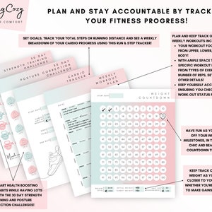 May include: A set of printable fitness trackers with pink and blue accents. The trackers include a weekly workout plan, a 30-day strength training challenge, a 50-day posture correction challenge, a cardio tracker, and a weight countdown tracker. The trackers are designed to help you stay accountable for your fitness progress.