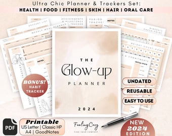 2024 Glow Up Planner: Self Care Planner, Fitness Journal, Skincare Routine, Period Tracker, Workout Planner | Digital Fitness Printable PDF