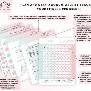 May include: A set of printable fitness trackers with pink and blue accents. The trackers include a weekly workout plan, a 30-day strength training challenge, a 50-day posture correction challenge, a cardio tracker, and a weight countdown tracker. The trackers are designed to help you stay accountable for your fitness progress.