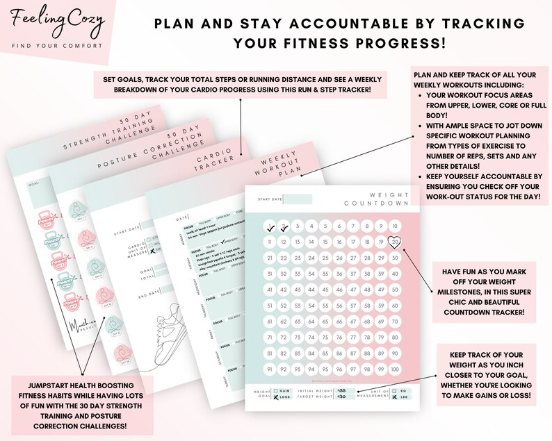 May include: A set of printable fitness trackers with pink and blue accents. The trackers include a weekly workout plan, a 30-day strength training challenge, a 50-day posture correction challenge, a cardio tracker, and a weight countdown tracker. The trackers are designed to help you stay accountable for your fitness progress.