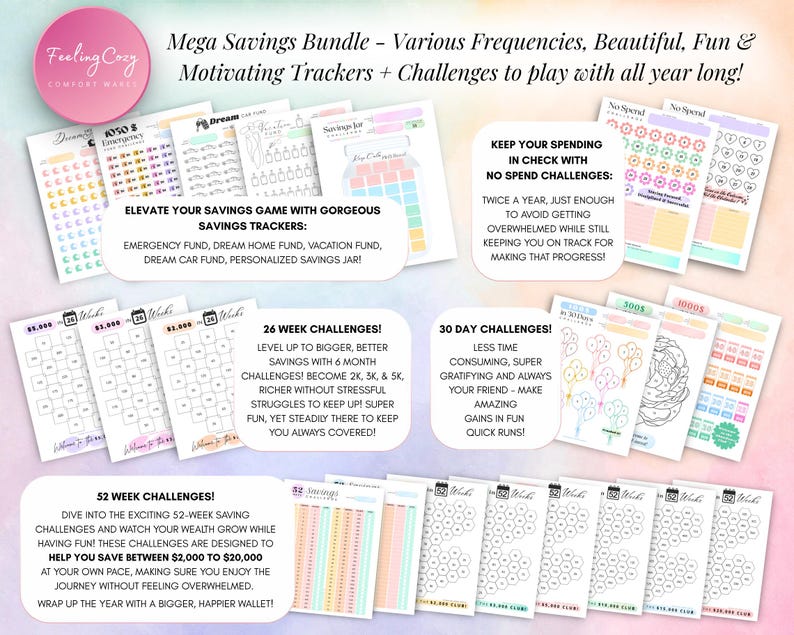 Mega Savings Bundle showcase featuring 52-week savings challenges ($2k to $20k targets), 26-week savings challenges ($2k, $3k, $5k targets), 30-day savings challenges, no-spend challenges, and color-in savings trackers for Emergency Fund, Vacation Fund, Dream Home, Dream Car, and Savings Jar.