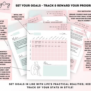 May include: A pink and green printable planner with the text "Set Your Goals - Track & Reward Your Progress!" and "Feeling Cozy Find Your Comfort". The planner includes sections for tracking goals, achievements, body measurements, and mindset.