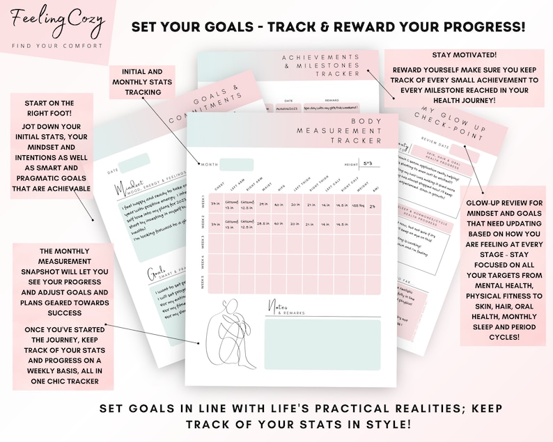May include: A pink and green printable planner with the text "Set Your Goals - Track & Reward Your Progress!" and "Feeling Cozy Find Your Comfort". The planner includes sections for tracking goals, achievements, body measurements, and mindset.