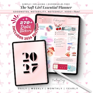 2026-2027 Simple Digital Planner: Pink Goodnotes Planner iPad | Soft Girl Daily Weekly Journal & Stickers