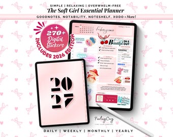 2027 Simple Digital Planner: Pink Goodnotes Planner iPad | Soft Girl Daily Weekly Journal & Stickers