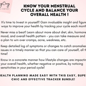 May include: A pink and white graphic with text promoting menstrual cycle tracking for health. The text includes tips on tracking cycles, diet, skin, hormones, and overall health. The image also includes the text "Feeling Cozy" and "Find Your Comfort".