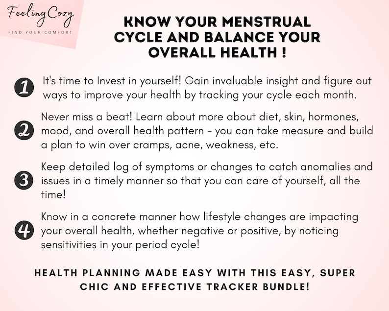 May include: A pink and white graphic with text promoting menstrual cycle tracking for health. The text includes tips on tracking cycles, diet, skin, hormones, and overall health. The image also includes the text "Feeling Cozy" and "Find Your Comfort".