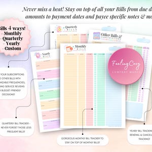 4-way bill tracking system featuring monthly bill tracker, quarterly bill tracker, yearly bill tracking with renewal and cancellation tracking, and custom subscription trackers.