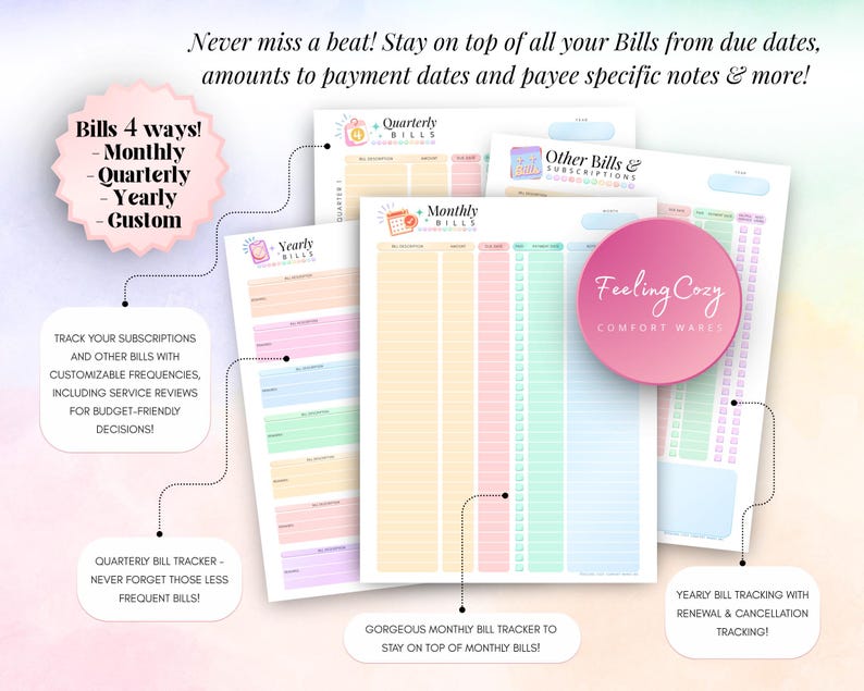 4-way bill tracking system featuring monthly bill tracker, quarterly bill tracker, yearly bill tracking with renewal and cancellation tracking, and custom subscription trackers.